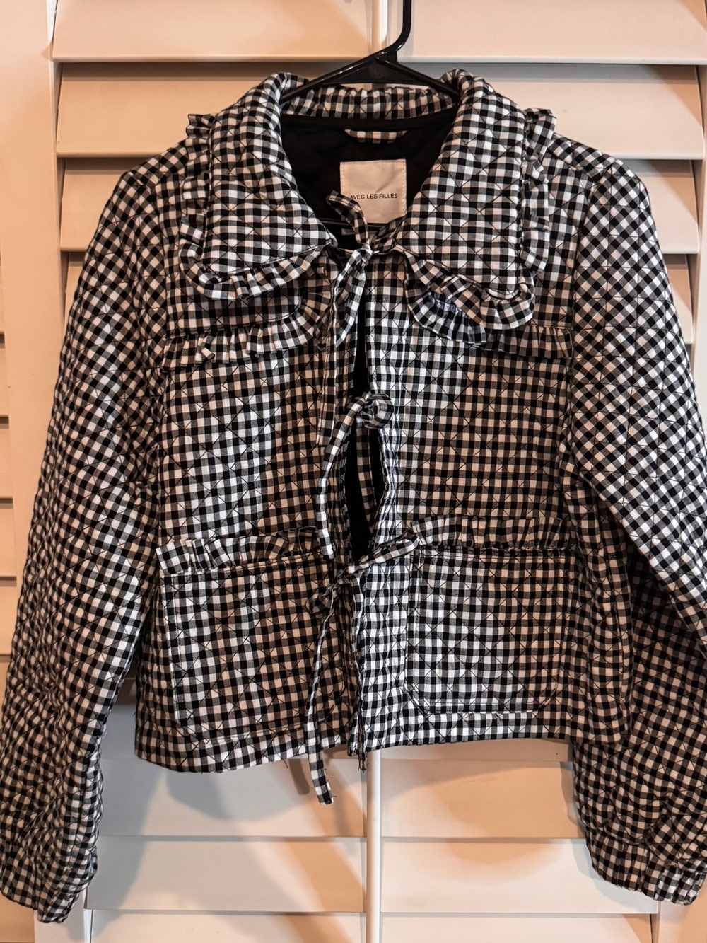 Avec Les Filles Black & White Gingham Ruffle-Collar Puffer Jacket